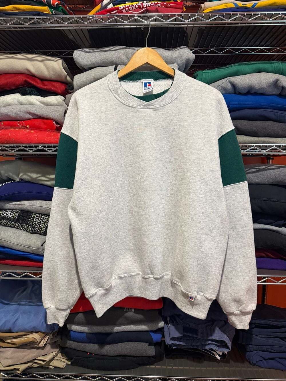Vtg 90s Russell Athletic Colorblock Crewneck Sweatshirt GrayGreen XL Made in USA